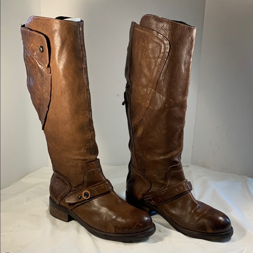 Pakros Women’s Brown Distressed Leather Knee-High Moto Riding Steam Punk Boots
